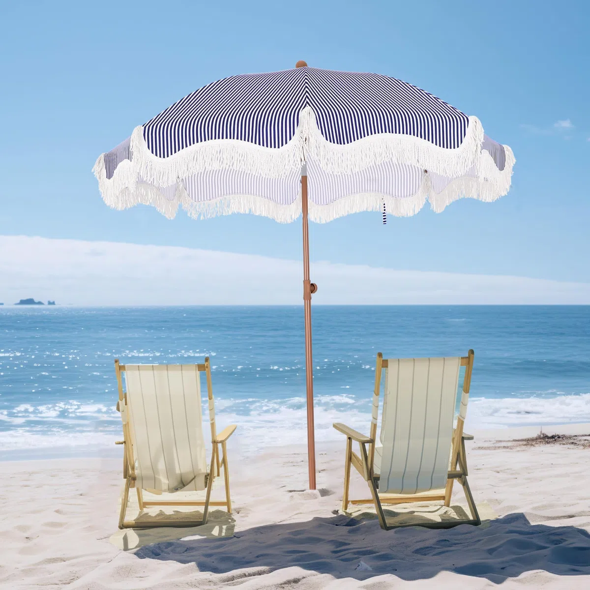 PHI VILLA Sonnenschirm Balkon Sonnenschutz 200 cm Knickbar Rund mit Fransen, Boho Strandschirm Garten Windbeständig Sonnenschirme Balkonschirm mit Erdspieß für Terrasse, UPF 50+, Blaue mit Streifen