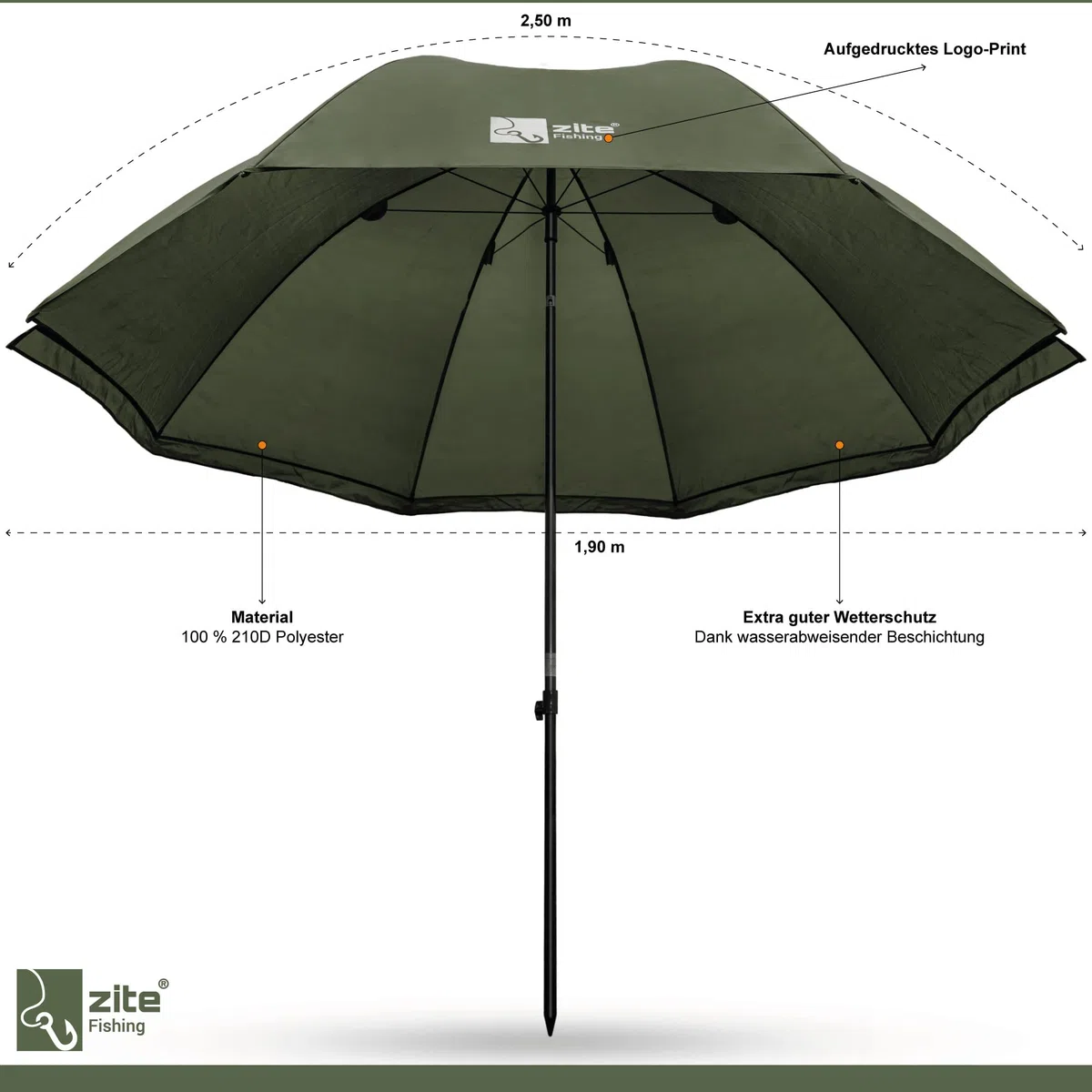 Zite Fishing Schirmzelt Set Angeln - Angel-Zelt 2,50m Wasserabweisende Beschichtung & Schirmstütze für Angelschirm mit Seitenwand, Angelschirme, Angel Schirm, Anglerschirm Schirmzelt Angeln Anglerzelt