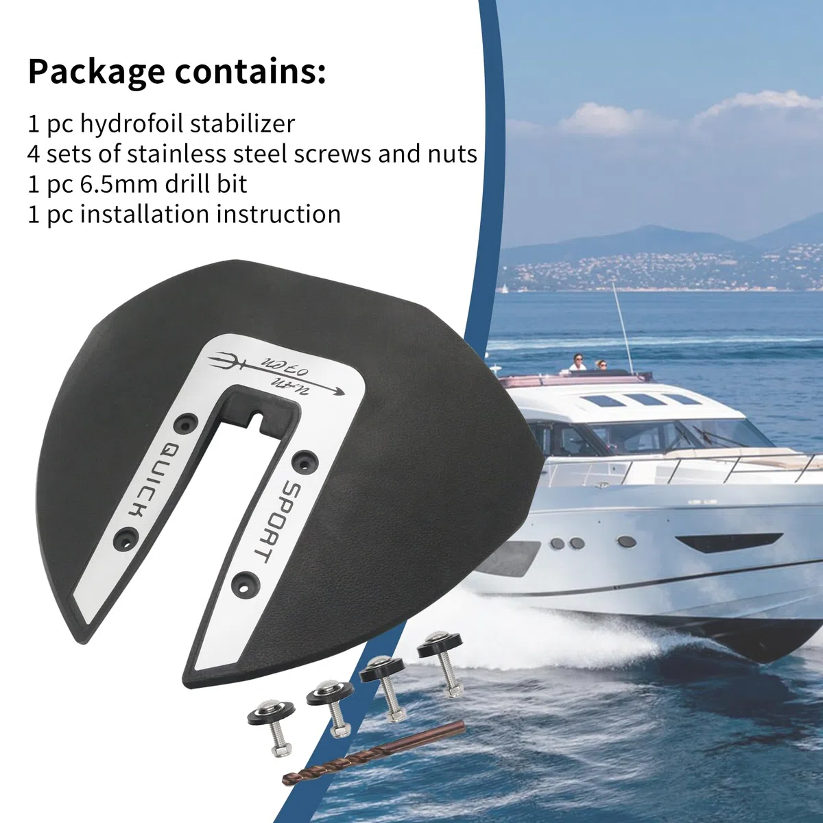 Sport 300 Leistungs-Hydrofoil-Stabilisator für Außenbordmotoren und Z-Antriebe 40–300 PS, Schwarz