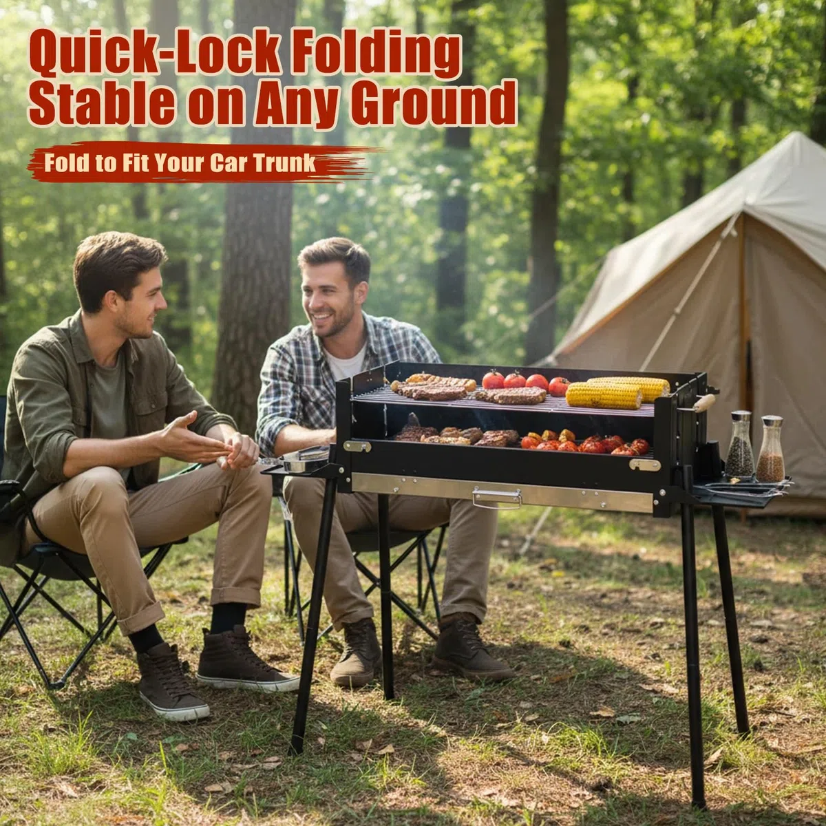 Denmay Großer Klappgrill tragbarer Camping Grill mit Gestell, Picknickgrill inklusive Grillrost, Holzkohlegrills Grill BBQ Portable, Tischgrill Campinggrill, Mangal Grill Schaschlik