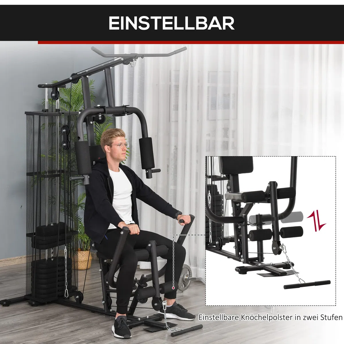 HOMCOM Kraftstation Fitnessstation Fitnessgerät bis 120kg Multifunktion Krafttraining Multistation Trainingsstation mit Latzug Butterflystange 45kg Gewichten Seil, Fitnessgeräte für Zuhause