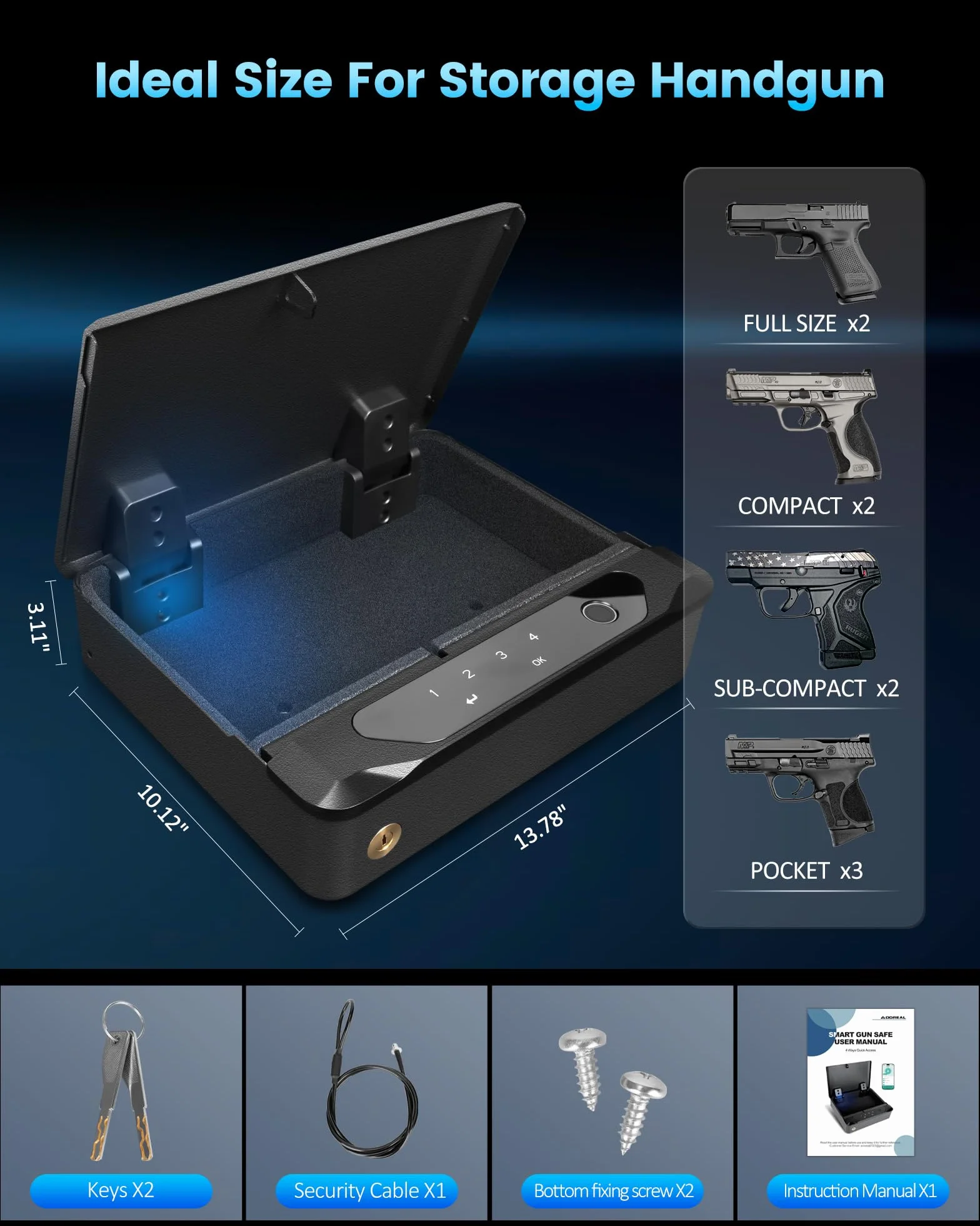 BOOSTEADY Intelligenter biometrischer Waffentresor für Handfeuerwaffen, 4-Wege-Fingerabdruck-Schnellzugriff, Waffenschlossbox für zwei Waffen mit Fingerabdruck-/Digitaltastatur/Schlüssel/App-Funktion