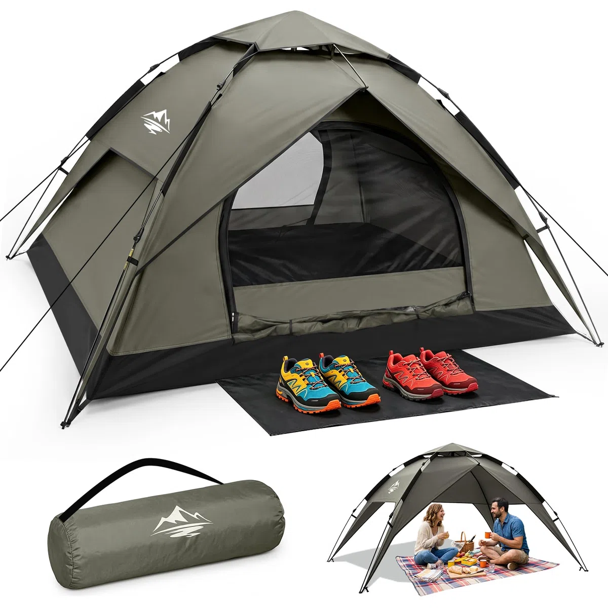 Zelt 2/3/4 Personen Campingzelt Pop Up - 40s Automatik Schnellaufbau, 2-4 Mann Zelte Wasserdicht 3000mm & Winddicht, Doppelwand Kuppelzelt mit Regenschutz, Wurfzelt für Camping