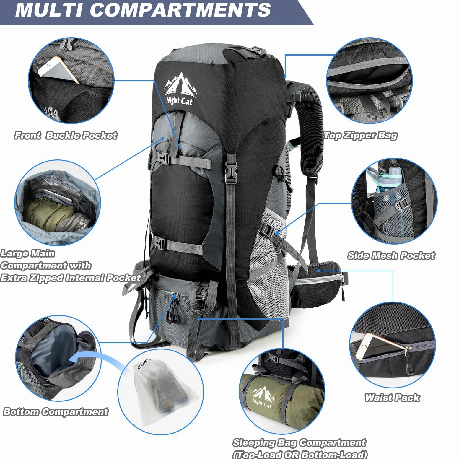 Night Cat Wanderrucksack 90L Rucksack: Trekkingrucksack Reiserucksack Herren Damen Atmungsaktiv für Camping Trekking Mountainering Klettern Fahrradreisen