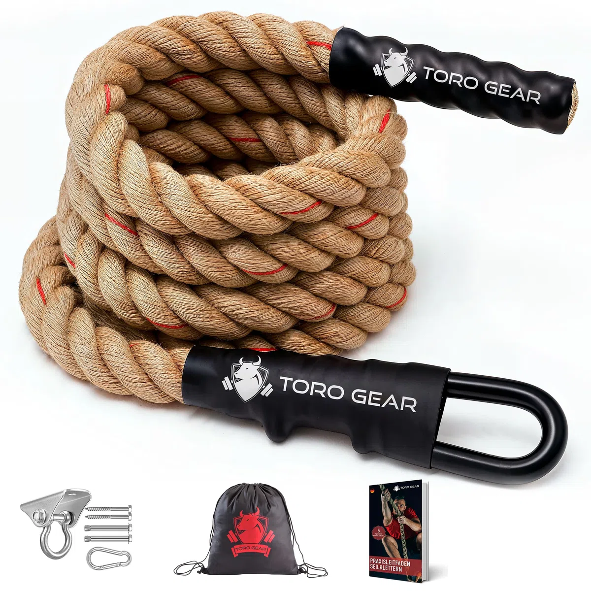 38 Millimeter Juteseil zum Klettern, 3-6 Meter | Kletterseil mit Karabinerhaken und Aufhänger für Crossfit, Fitness, Fitnessstudios und Feuerwehrtraining (38 mm X 3,5 m)