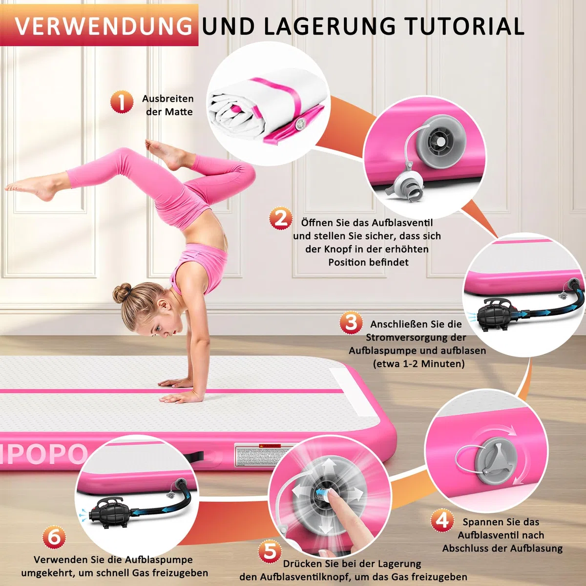 Airtrack Gymnastikmatte – Aufblasbare Turnmatte 2M/3M/4M/5M in Pink, Luftdicht, Weich Aber Stabil, Einfach Aufzubauen & zu Verstauen – Für Kinder, Zuhause, Yoga, Cheerleading & Wasserspaß