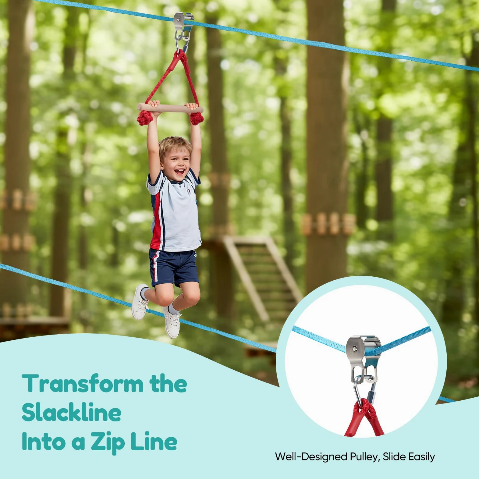 Ninja Slackline Set Kinder 15m 50FT, Outdoor Hindernisparcours mit Klettergerüst, Ringen, Seilrutsche & Baumschutz, 3–10 Jahre, 50kg