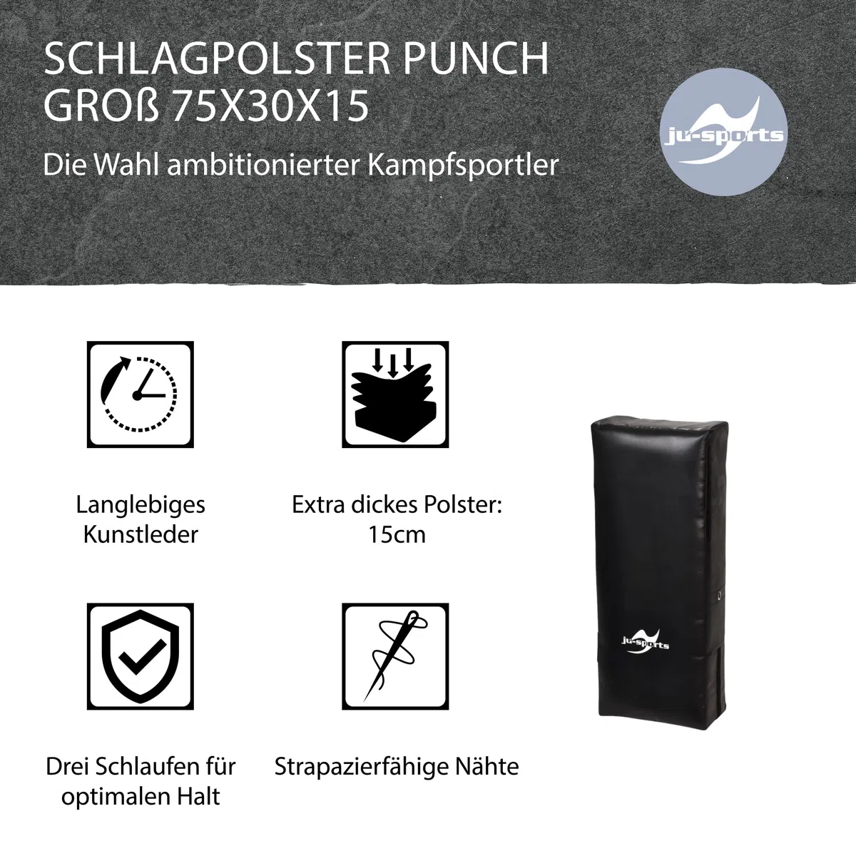 Ju-Sports Schlagpolster Kampfsport Punch groß 75 x 30 x 15cm - Gerade Pratzen Kickboxen & Taekwondo aus Kunstleder, Ideal zum Trainieren von Kicks, 3 Schlaufen