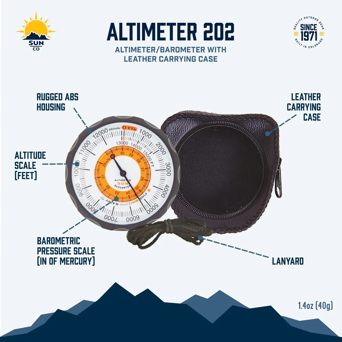 Sun Company Höhenmesser 202M - Batteriefreier Höhenmesser und Barometer | Wetter-Trendanzeige mit weichem Lederetui | Liest Höhe von 0 bis 5.000 Metern, Schwarz