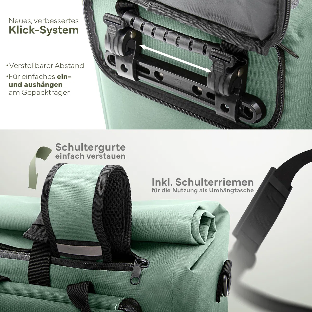 MIVELO Fahrradtasche für Gepäckträger - 3in1 Gepäckträgertasche Rucksack Umhängetasche - 100% wasserdicht und PVC-frei - mit herausnehmbarer Laptoptasche (Mint)