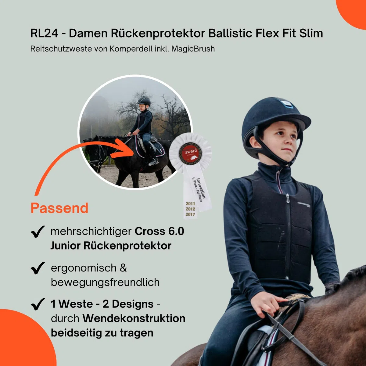 RL24 - Kinder Rückenprotektor Komperdell Ballistic Champion Junior inkl. Putzschwamm – Protektorenweste – ergonomisch & leicht – seitliche Schutzzonen – 2 Farben – Gr. 116-152