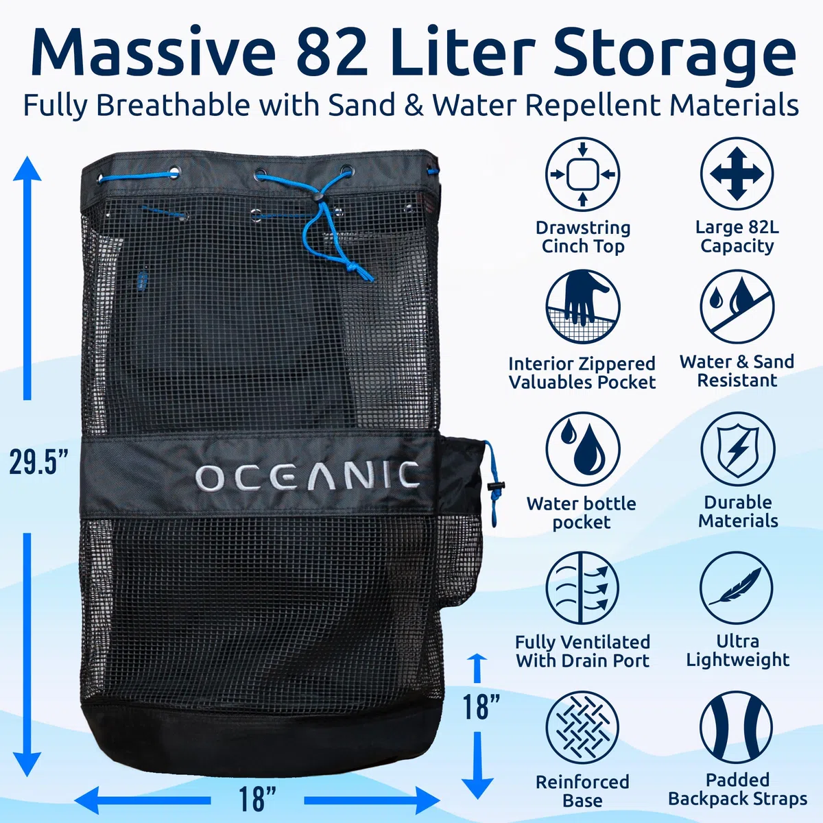 Oceanic Scuba Snorkel Bag, XL Mesh Dive Bag Backpack, Lightweight, Quick-Dry, Padded Straps, Internal Pocket, Ideal for Snorkeling, Beach Gear & Outdoor Sports