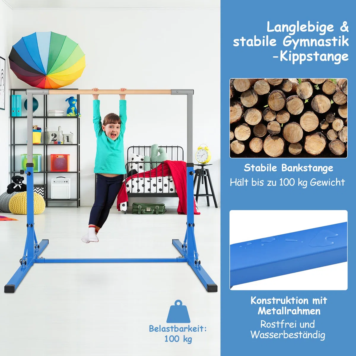 COSTWAY Gymnastik Turnreck klappbar, Turnreck 90-150cm höhenverstellbar, Reckstange mit Rollen, tragbarer Turnstangen bis 100kg belastbar, Reckanlage, Trainingsgeräte