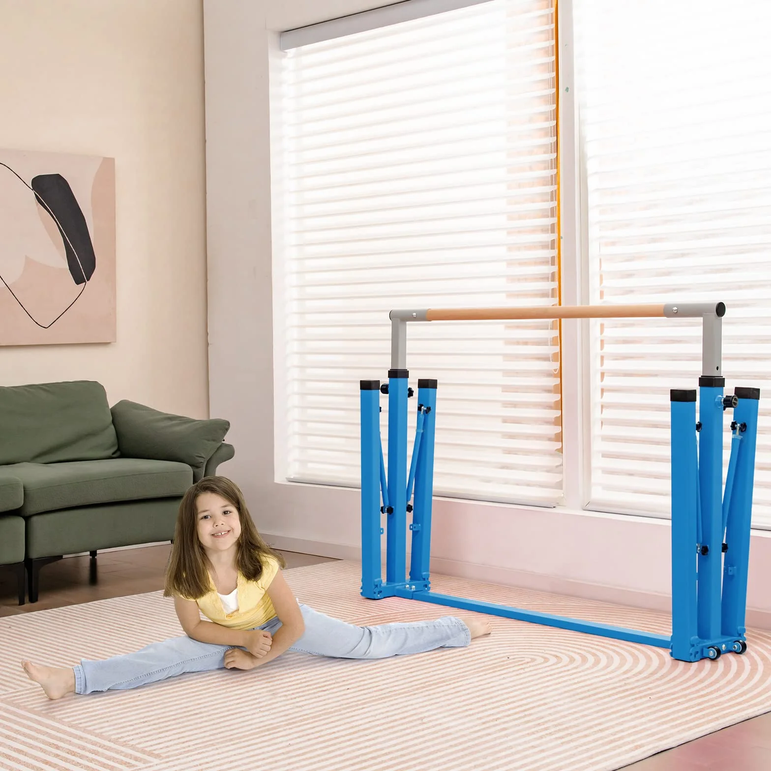 COSTWAY Gymnastik Turnreck klappbar, Turnreck 90-150cm höhenverstellbar, Reckstange mit Rollen, tragbarer Turnstangen bis 100kg belastbar, Reckanlage, Trainingsgeräte
