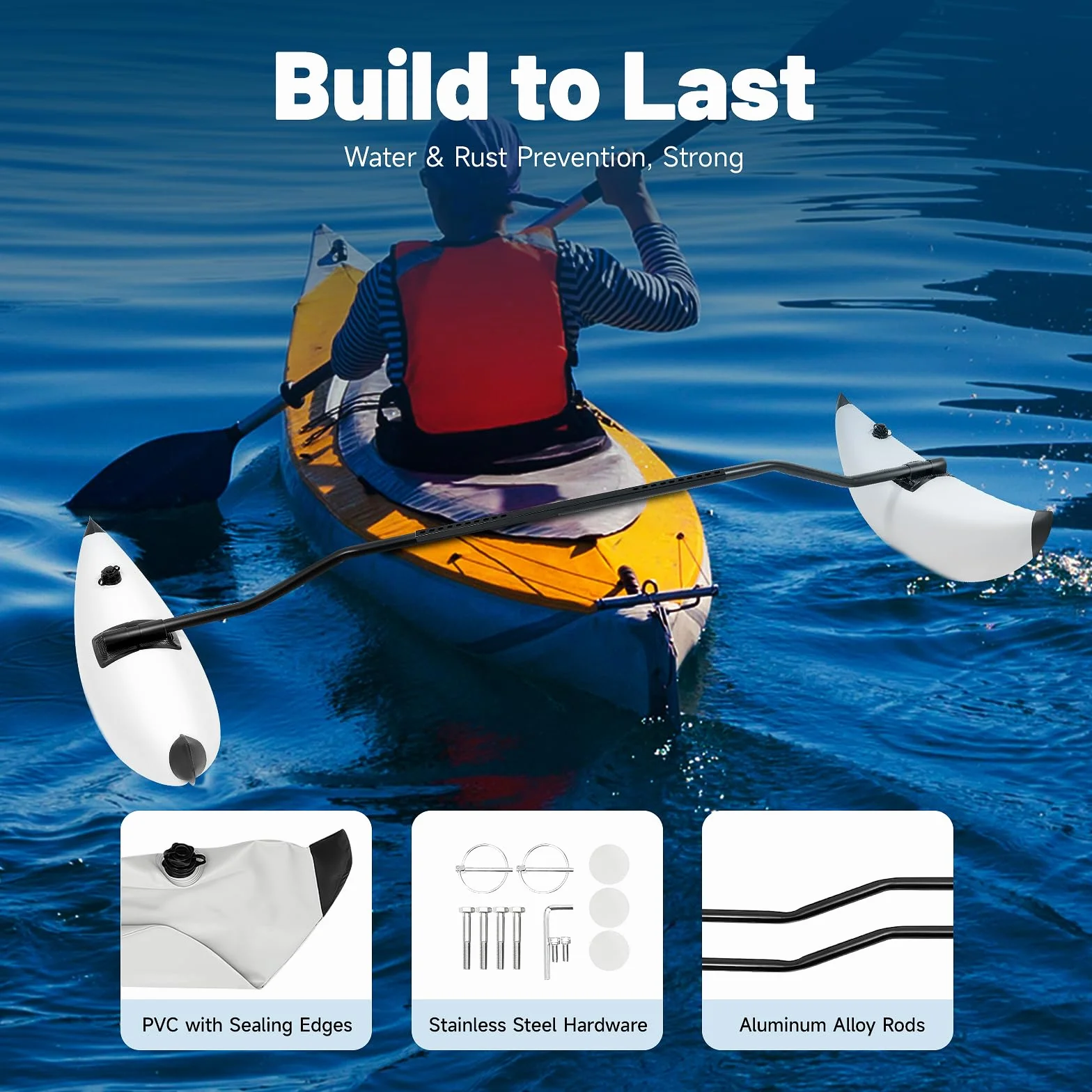 Aufblasbarer Kajak Ausleger Stabilisator Set, PVC Schwimmer mit Aluminium Stangen, Verstellbare Seitenausleger für Kanu, Boot, Angeln, Rafting, Paddeln