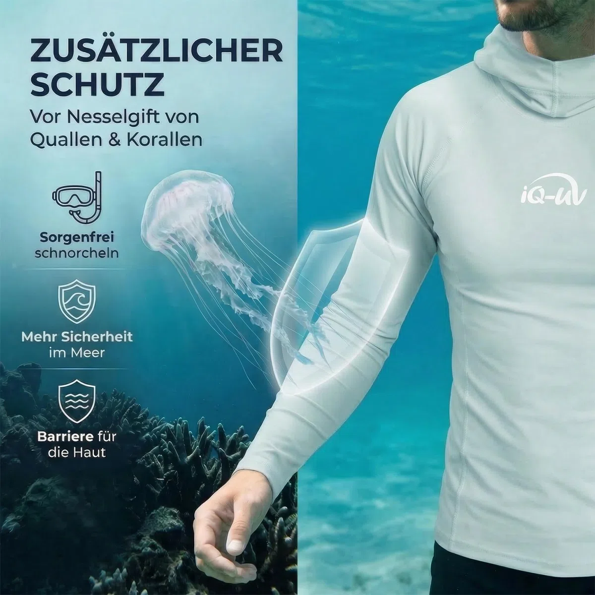 iQ-UV Shirt für Herren Kapuzenshirt Langarm – Rashguard für Herren mit UPF 50+ Sonnenschutz für Aktiv- und Wassersport – Schwimmshirt für Männer – Atmungsaktiv und schnelltrocknend