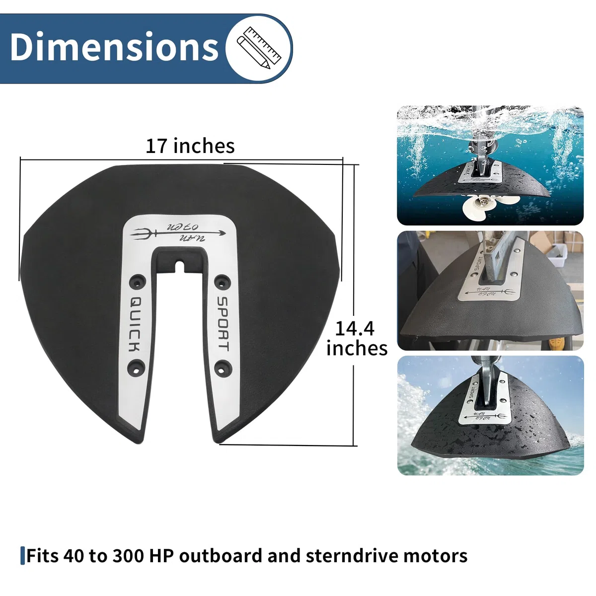 Sport 300 Leistungs-Hydrofoil-Stabilisator für Außenbordmotoren und Z-Antriebe 40–300 PS, Schwarz