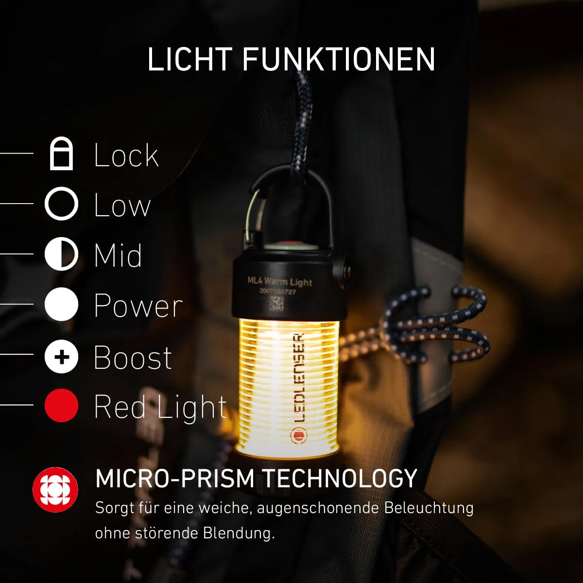 Ledlenser ML4 Warm Light LED Laterne, 300 Lumen, bis 40h Laufzeit, aufladbar, Rotlichtfunktion, Schwarz