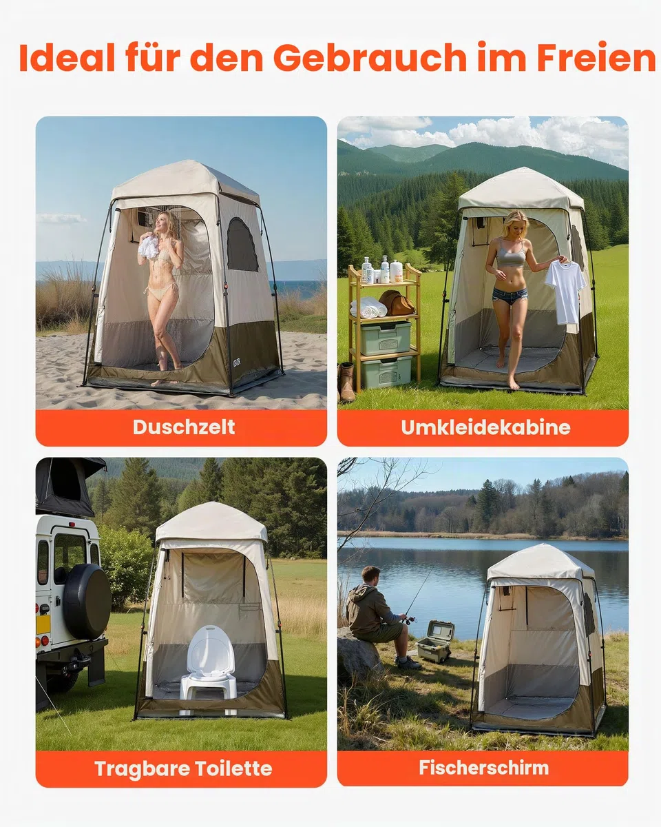 VEVOR Camping-Duschzelt, 210,8 x 106,7 x 210,8 cm, 2 Räume, übergroß, tragbar, Outdoor, Sichtschutz, Zelt mit abnehmbarem Oberteil, Taschen, Seil zum Aufhängen und Wäscheleine, zum Anziehen, Wechseln,