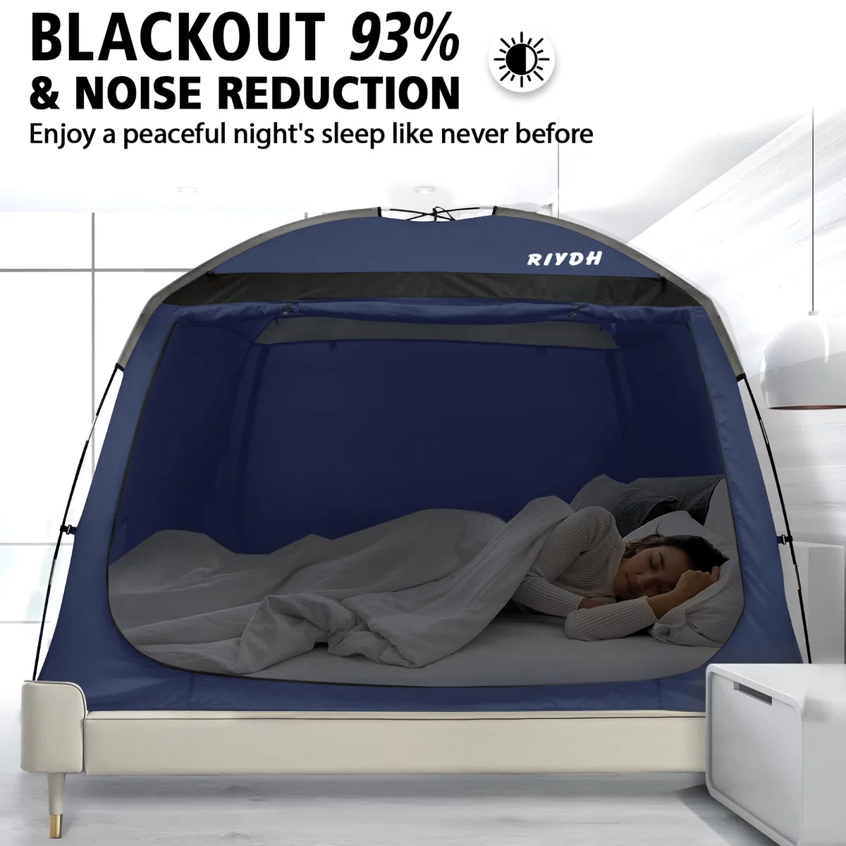 RIYDH Bettzelt, Betthimmel, atmungsaktiv, 100 % für Erwachsene und Kinder, originelles Design, Lichtreduzierung, 93 % Schlafzelte, tragbar, großer Raum mit Lichterkette, 3 Türen, Doppelbett