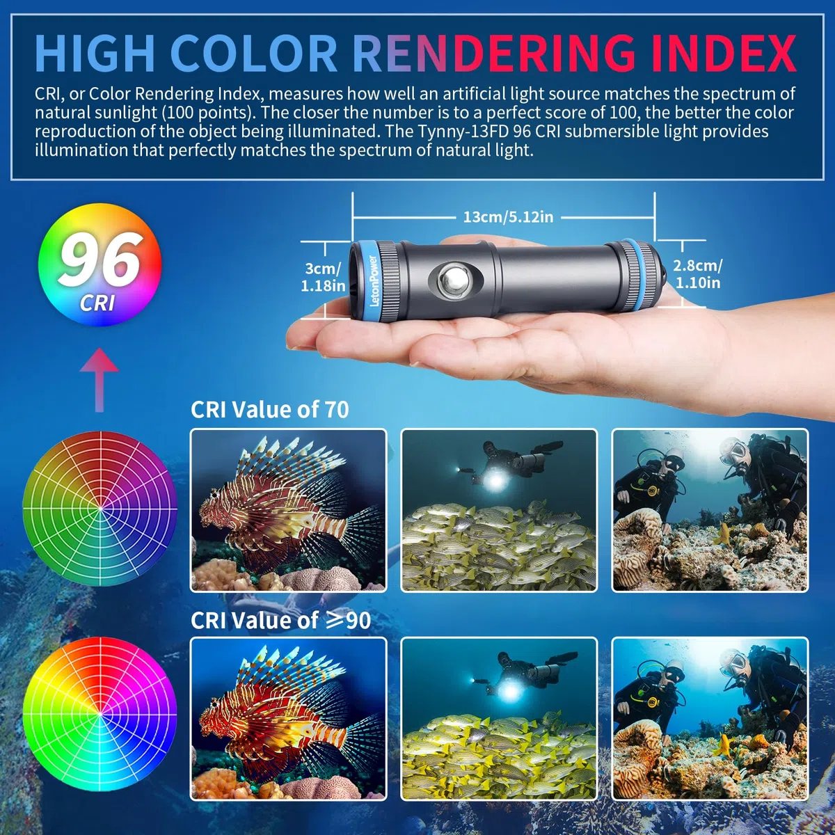 Tynny-13FD 2200 Lumen Tauchlicht für Unterwasserfotografie Fülllicht, 100M Wasserdichtes Kompaktes Unterwasser-Video-Licht, 110-Grad breiter Strahl mit Typ-C Aufladung Tauchen Video Licht