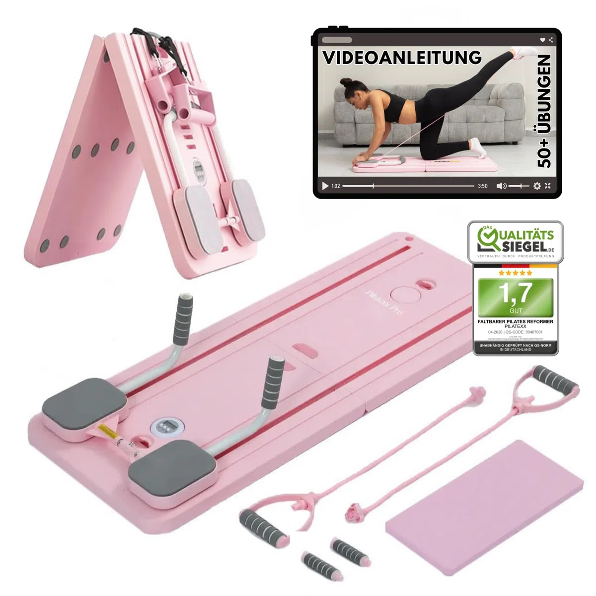 Pro - Faltbarer Pilates Reformer inkl. Videobibliothek (50+ Übungen) & Trainingspläne - 6 in 1 Komplettset – gelenkschonendes Ganzkörpertraining