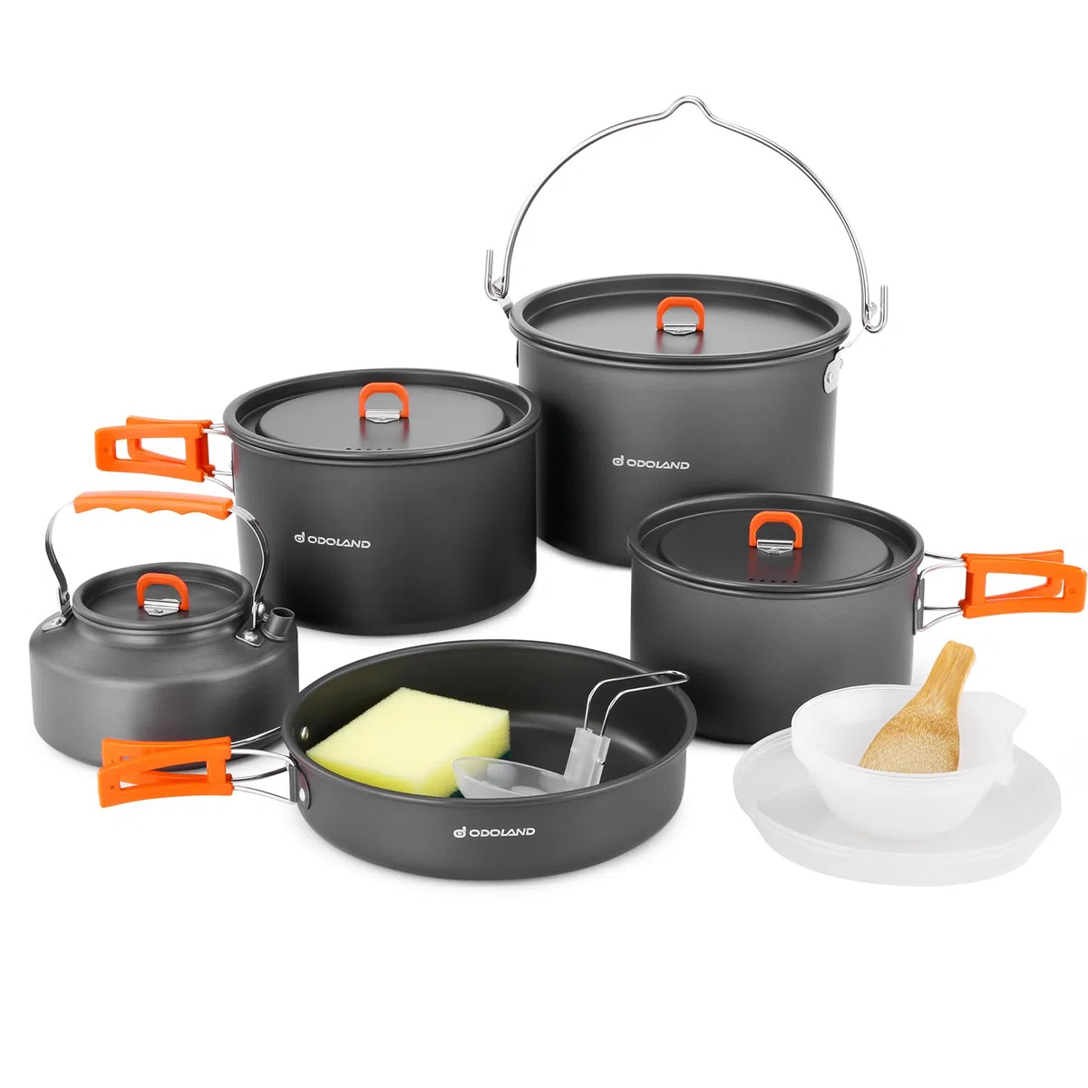 Odoland Camping Kochgeschirr Set 16 Teilig, Outdoor Geschirr Set mit 3 Topfe, Bratpfanne und Wasserkocher Camping Kochtopf Set, Kochgeschirr Aluminium für Camping,Reisen,Picknick