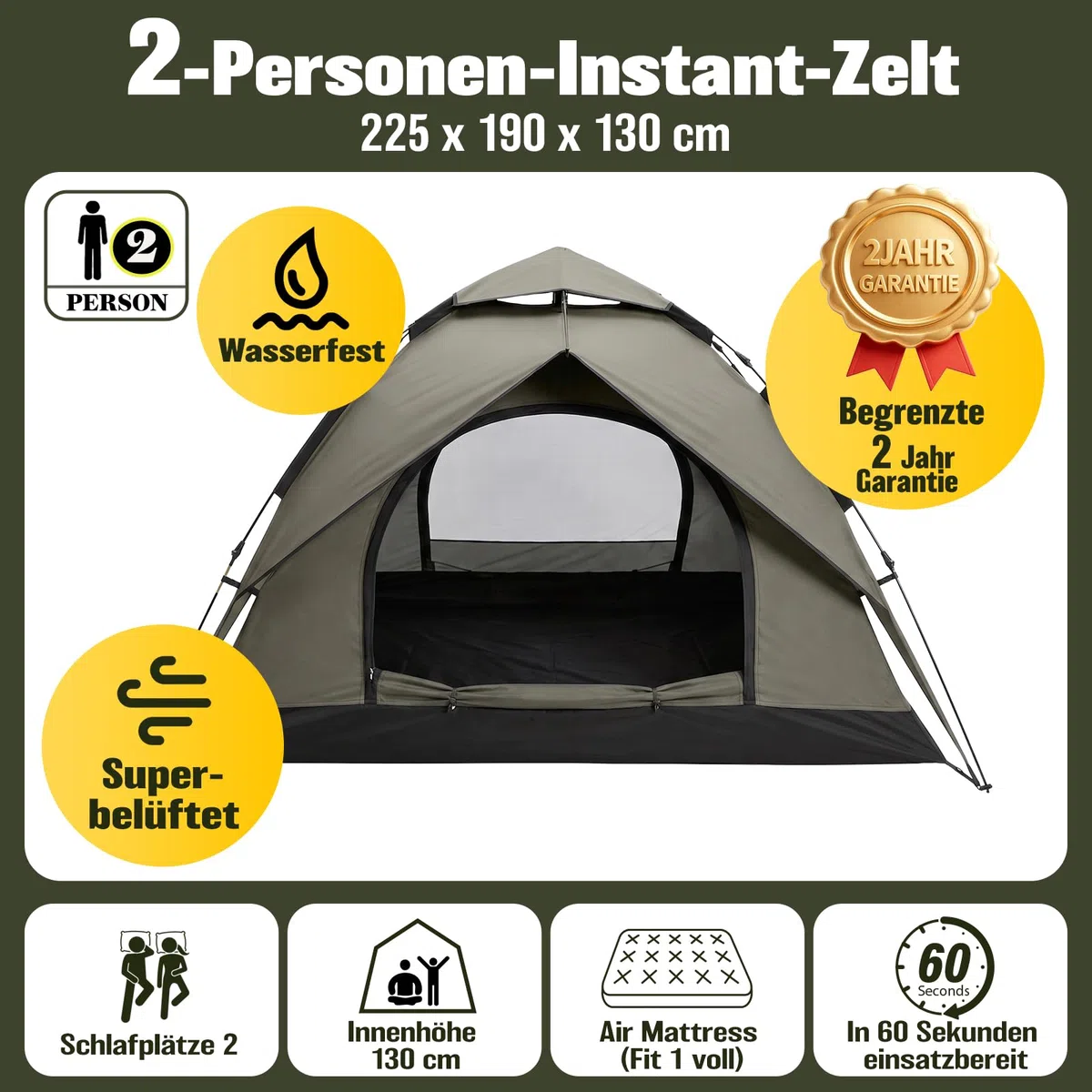 Zelt 2/3/4 Personen Campingzelt Pop Up - 40s Automatik Schnellaufbau, 2-4 Mann Zelte Wasserdicht 3000mm & Winddicht, Doppelwand Kuppelzelt mit Regenschutz, Wurfzelt für Camping