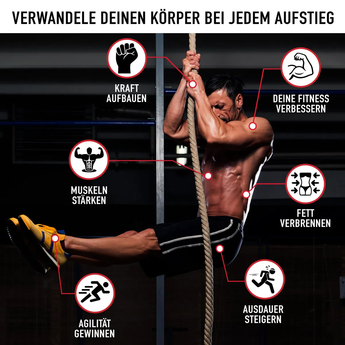 38 Millimeter Juteseil zum Klettern, 3-6 Meter | Kletterseil mit Karabinerhaken und Aufhänger für Crossfit, Fitness, Fitnessstudios und Feuerwehrtraining (38 mm X 3,5 m)