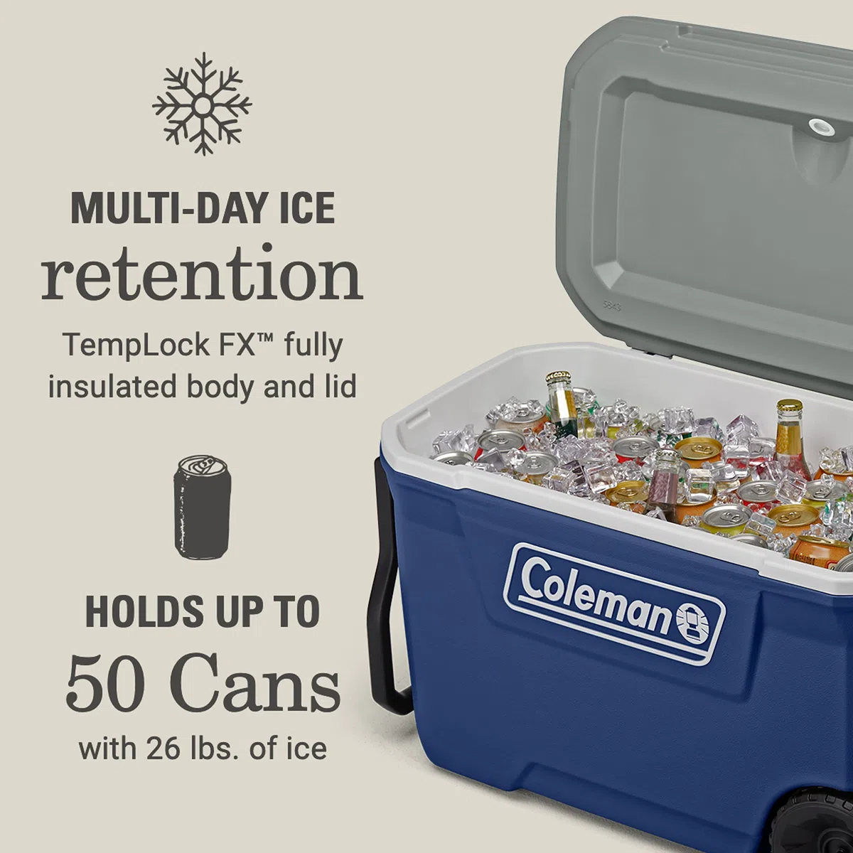 Coleman Classic Series Isolierter tragbarer Kühler mit Rädern, auslaufsicherer Outdoor-Kühler hält EIS bis zu 5 Tage, 62 Quart