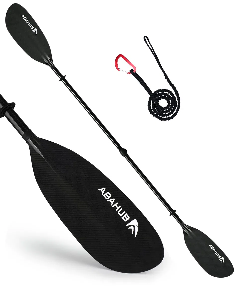 Abahub 2teilig Kajak Paddel Vollcarbon verstellbar 220cm bis 230cm Doppelpaddel mit Paddelleine für Kajakfahren Ruderboot, Carbonschaft Vollkohlefaser Paddelblatt