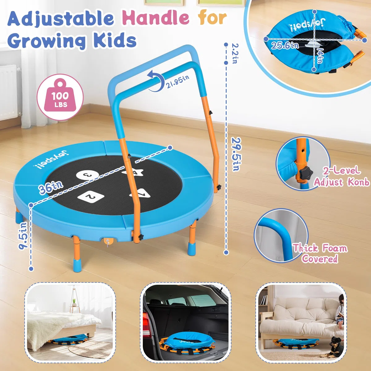 JOY SPOT! Ø91cm Trampolin Kinder Indoor, Mini Trampolin mit Verstellbarer Haltegriff, Faltbares Kindertrampolin bis 45 kg, Fitness Rebounder mit Sicherheitspolster für Kleinkind 3-12