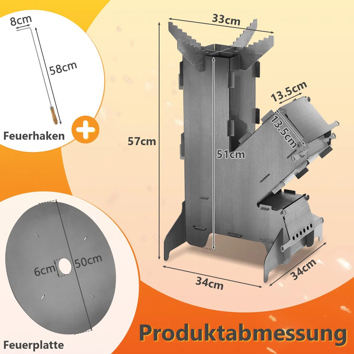 Raketenofen mit Grillplatte groß 5mm, Rocket Stove aus massivem 3 mm dickem Stahl, mit Feuerhaken, Kanonenofen Stecksystem mit 2 zusätzlichen Standfüßen，Holzofen Outdoor für Camping, BBQ, Dutch Oven