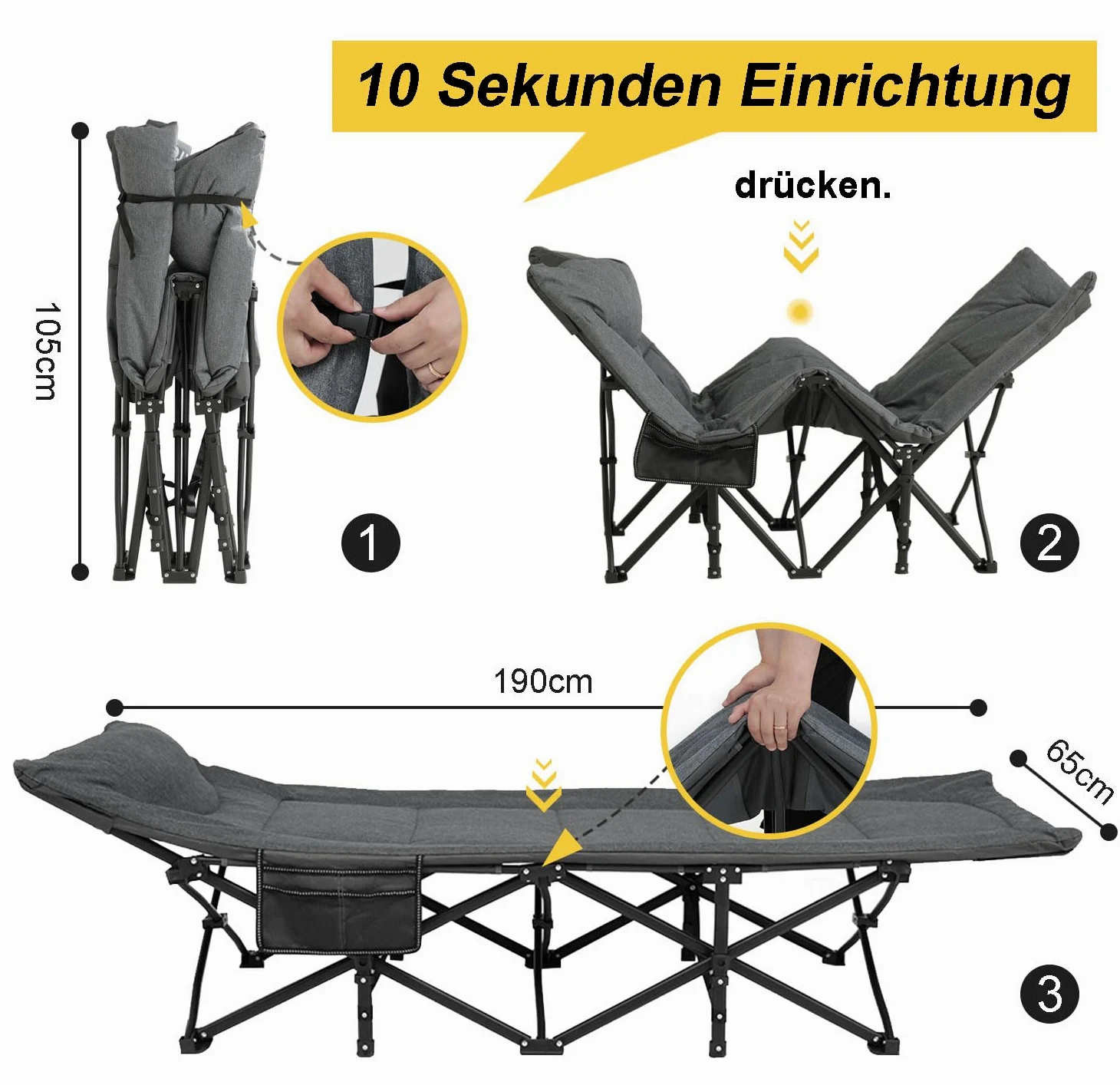 ATORPOK SHOP Campingbett feldbett klappbar, Faltbar Gästebett bis 200 kg für, Indoor, Outdoor, Strand und Garten (grau)