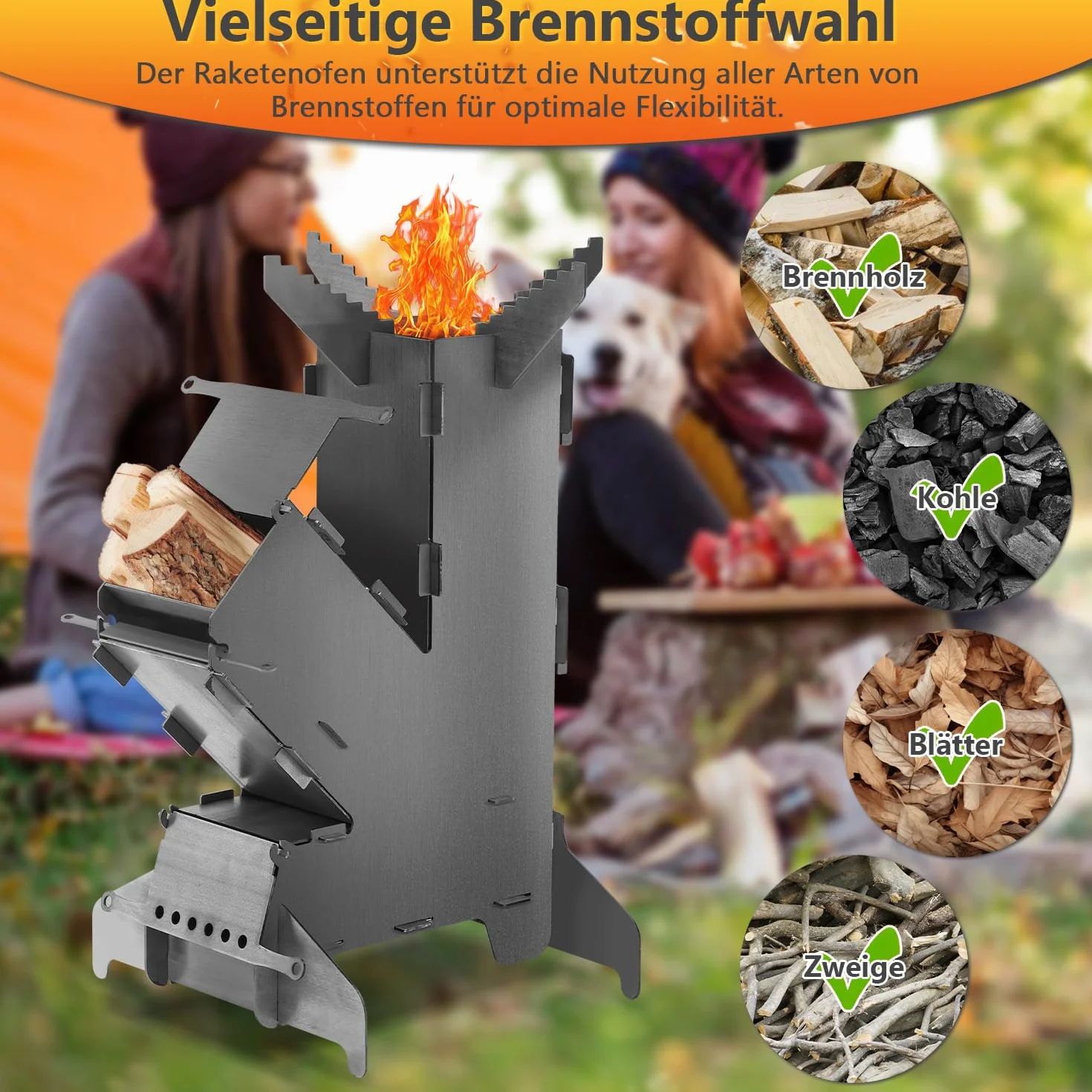 Raketenofen mit Grillplatte und Feuerhaken, Rocket Stove Outdoor, Stecksystem, 3 mm dickem Stahl, Holzofen Campingofen Pelletofen für Dutch Oven BBQ
