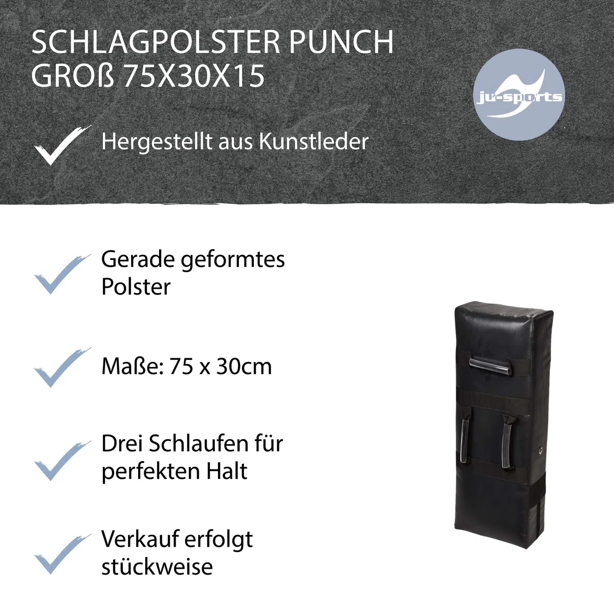 Ju-Sports Schlagpolster Kampfsport Punch groß 75 x 30 x 15cm - Gerade Pratzen Kickboxen & Taekwondo aus Kunstleder, Ideal zum Trainieren von Kicks, 3 Schlaufen