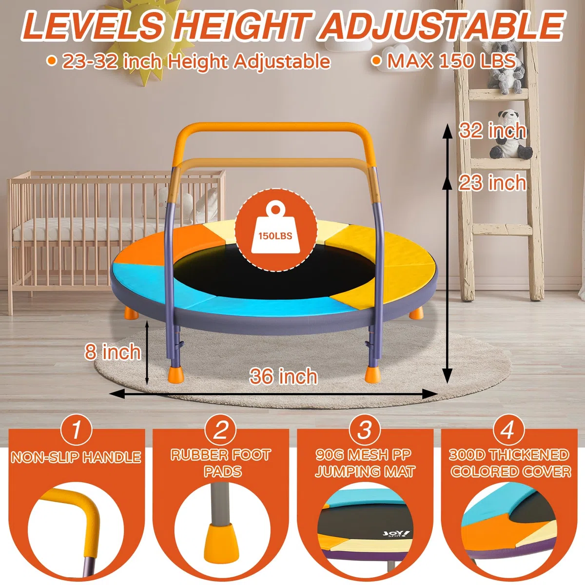 JOY SPOT! Kinder Trampolin Indoor Outdoor, Ø 91cm Faltbares Minitrampolin mit Verstellbarer Griff, Kindertrampolin Klappbar Max 68 kg, Gartentrampolin für Kleinkind Jungen, Mädchen ab 3 4 5 6 7 Jahren