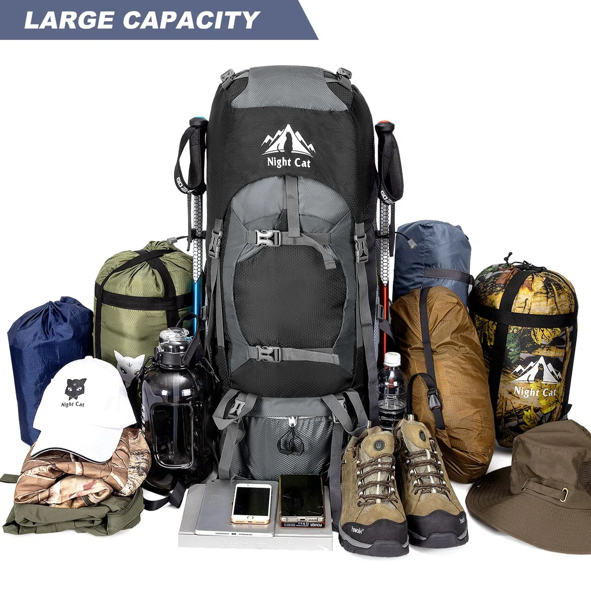 Night Cat Wanderrucksack 90L Rucksack: Trekkingrucksack Reiserucksack Herren Damen Atmungsaktiv für Camping Trekking Mountainering Klettern Fahrradreisen