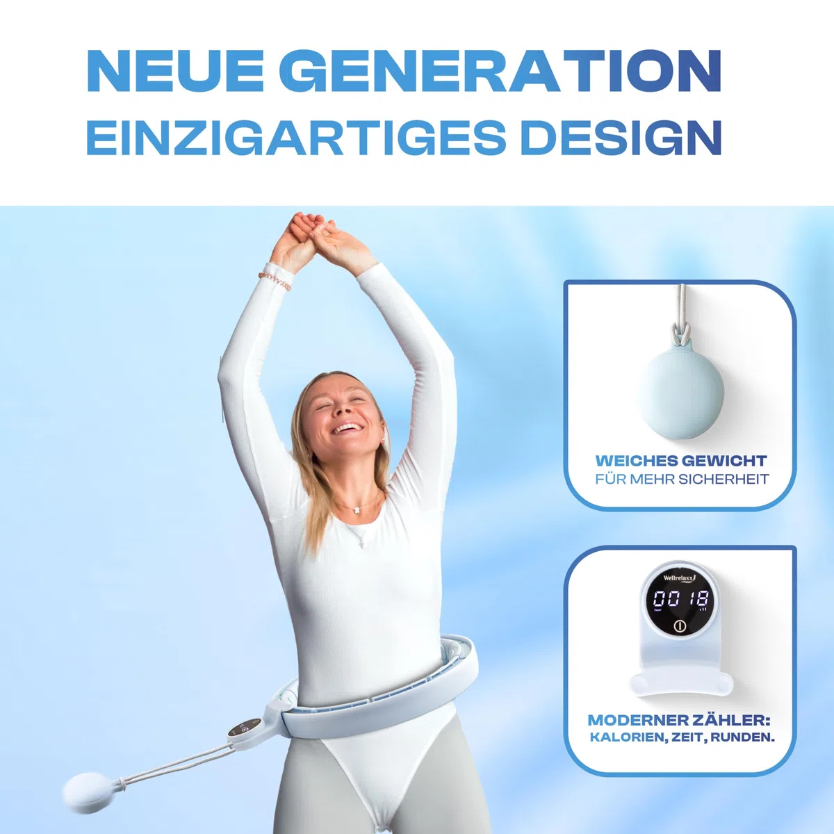 Wellrelaxx Smart Hula Hoop Testsieger leise und drehfreudig mit Zähler | Hula Hoop mit Gewicht Kugel | Hullahub Reifen zum Abnehmen für Training mit Spaß | Umfang 70-110cm