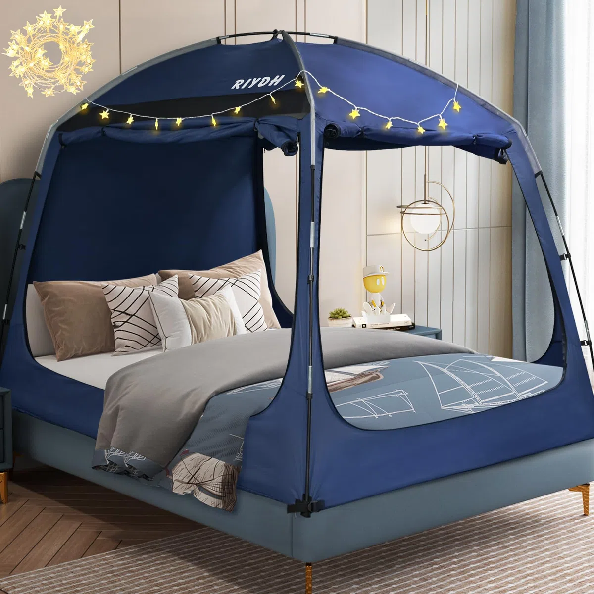 RIYDH Bettzelt, Betthimmel, atmungsaktiv, 100 % für Erwachsene und Kinder, originelles Design, Lichtreduzierung, 93 % Schlafzelte, tragbar, großer Raum mit Lichterkette, 3 Türen, Doppelbett