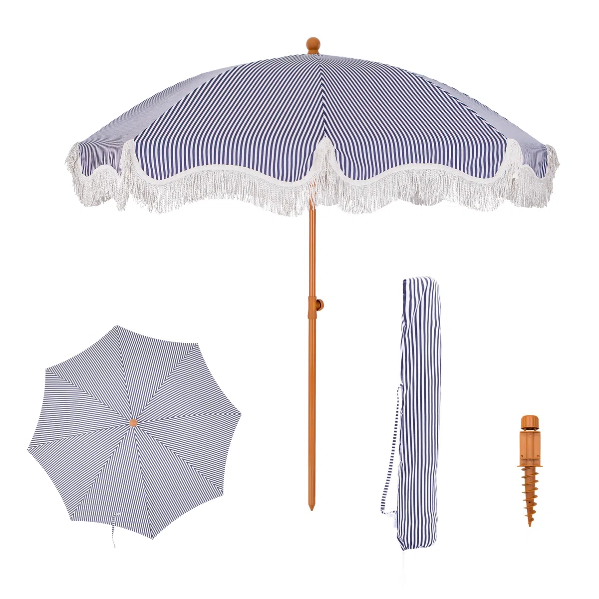 PHI VILLA Sonnenschirm Balkon Sonnenschutz 200 cm Knickbar Rund mit Fransen, Boho Strandschirm Garten Windbeständig Sonnenschirme Balkonschirm mit Erdspieß für Terrasse, UPF 50+, Blaue mit Streifen
