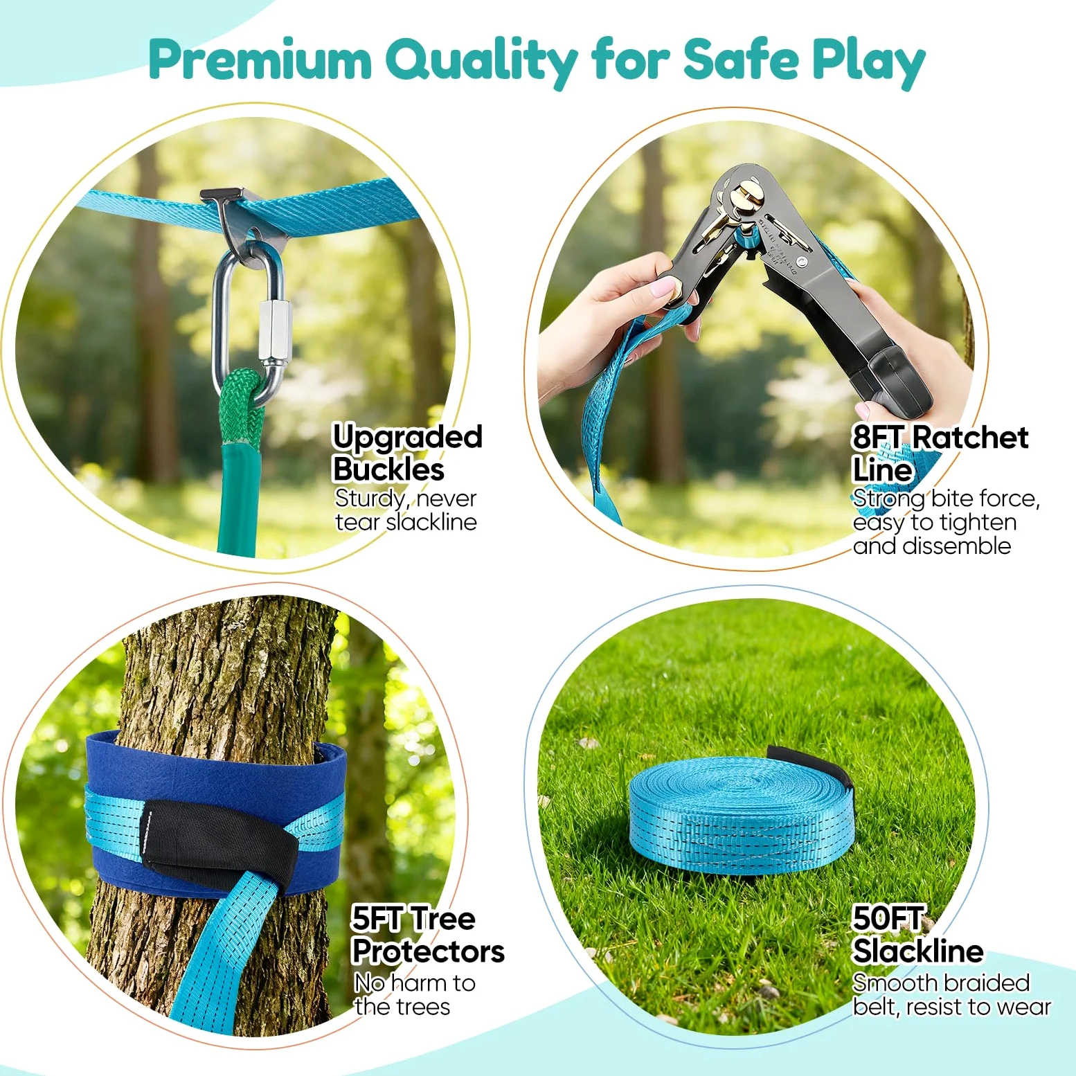 Ninja Slackline Set Kinder 15m 50FT, Outdoor Hindernisparcours mit Klettergerüst, Ringen, Seilrutsche & Baumschutz, 3–10 Jahre, 50kg