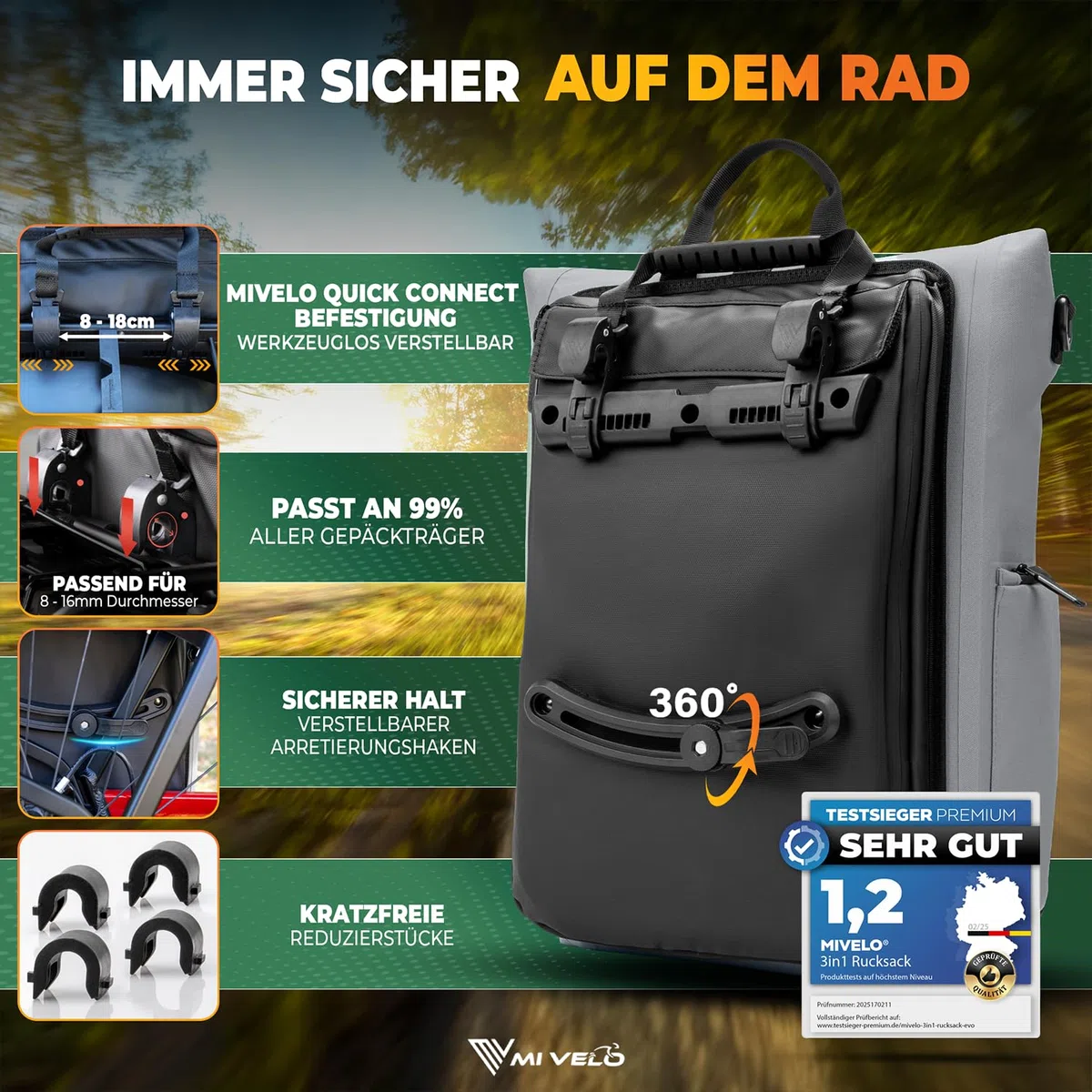 MIVELO 3in1 Fahrradtasche für Gepäckträger I Rucksack & Gepäckträgertasche hinten - in 15 Sekunden umgebaut I Fahrradrucksack 100% wasserdicht I Tasche Fahrrad (Vollreflektierend, EVO 25L)