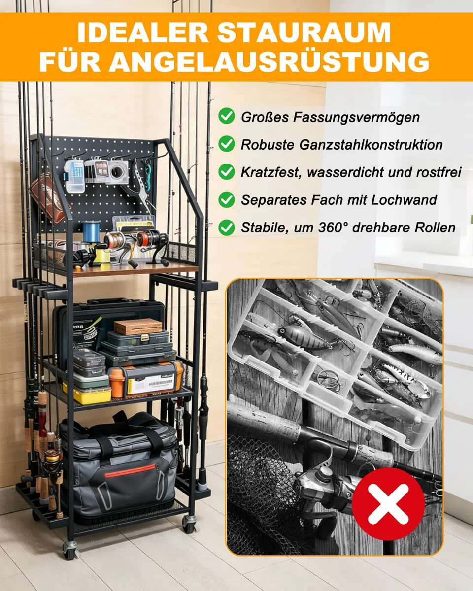 Rutenhalter Angelrutenhalter für 10 Angel, Tackle-Aufbewahrungswagen mit 360-Grad drehbarer Stangenhalter, für Garage Hauseingang Ecke, Geschenkideen für Männer Dad