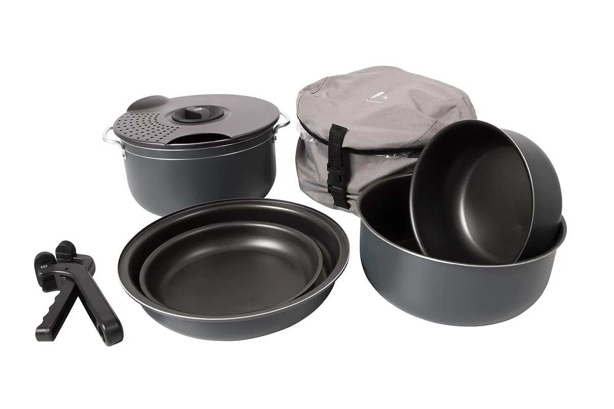 Bo-Camp 2300350 Kochset Camping Aluminium Trekking Kochgeschirr Alu Topf Pfanne 7-teilig , 1,1/2,5/4,4 L