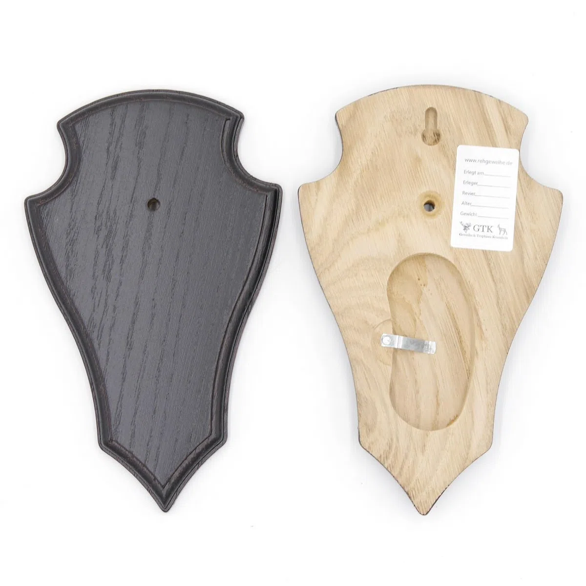 GTK Geweihe Trophäen KRUMHOLZ 10 Stück REH Trophäenschild Spitz klein Eiche dunkel 19 cm x 11 cm Kieferfach Gehörnklammer