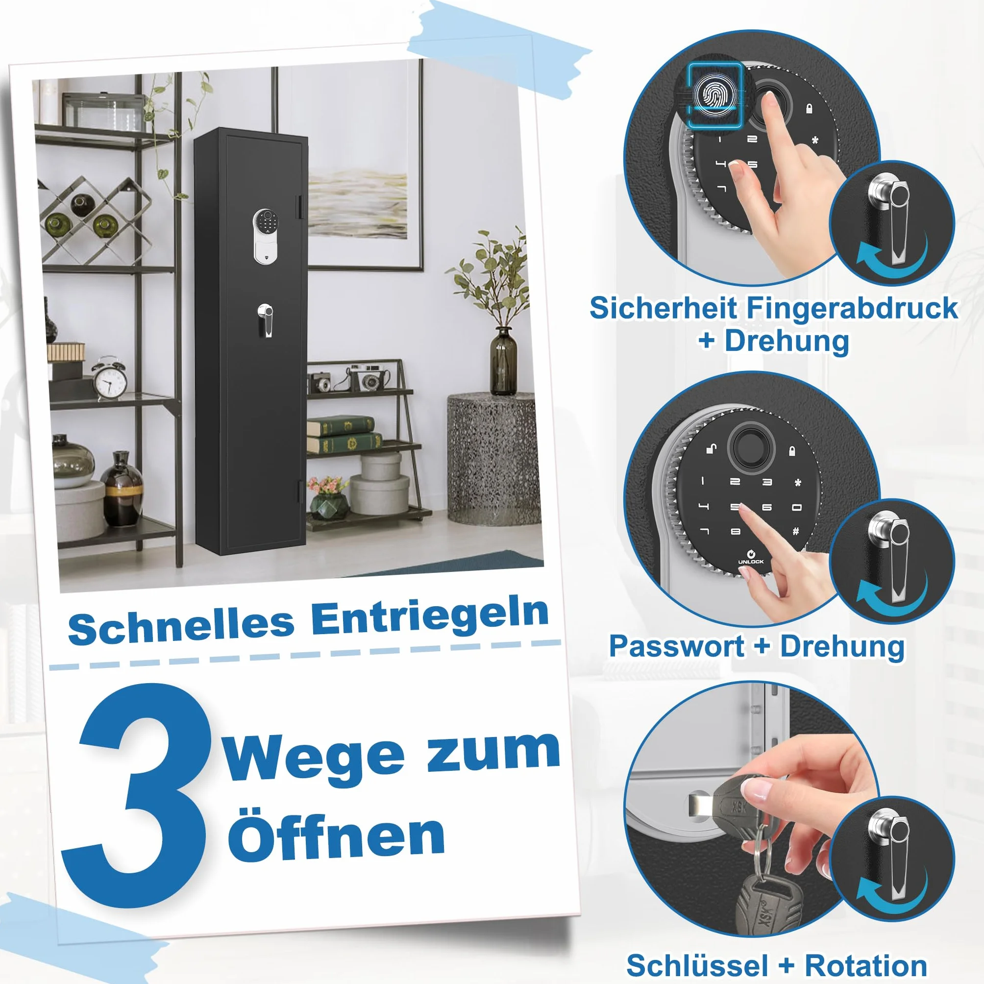 Froadp Waffenschrank Munitionsschrank aus Stahlblech Waffentresor Waffenkabinett 30x28x138cm Einstellbarer Waffenschrank Langwaffenschrank mit Schlüsselschloss & Zahlenschloss - Schwarz