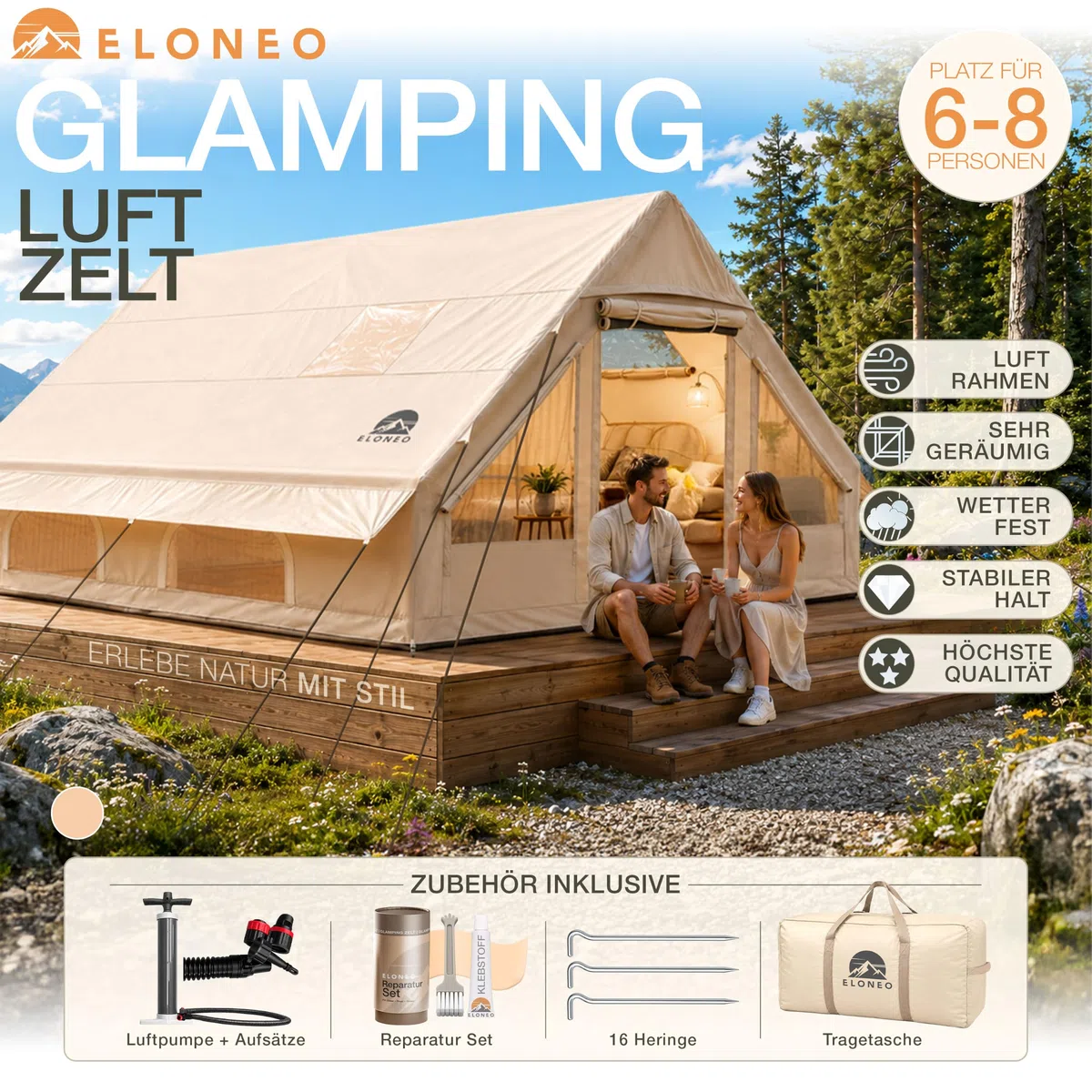 ELONEO aufblasbares Zelt für 2/4/6/8 Personen mit Dachfenster & Luftpumpe, Premium Glamping Zelt wasserdicht, Luftzelt, Inflatable Tent, Camping Zelt
