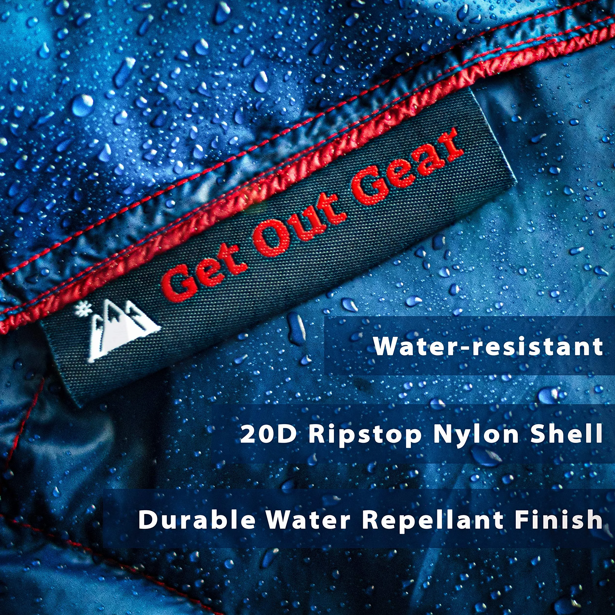 Get Out Gear Double Puffy Campingdecke – Extra Puffy, Packbar, Leicht und Warm | Ideal für Outdoor, Reisen, Stadion, Festivals, Strand, Hängematte | Wasserabweisende Campingdecke (Blau/Rot)