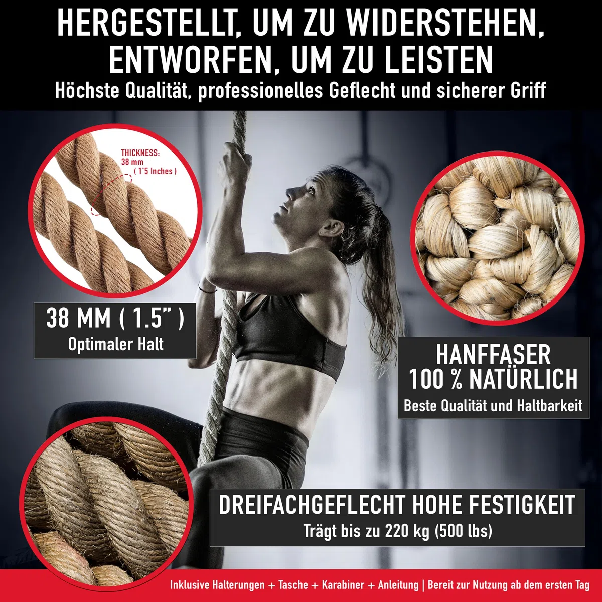 38 Millimeter Juteseil zum Klettern, 3-6 Meter | Kletterseil mit Karabinerhaken und Aufhänger für Crossfit, Fitness, Fitnessstudios und Feuerwehrtraining (38 mm X 3,5 m)